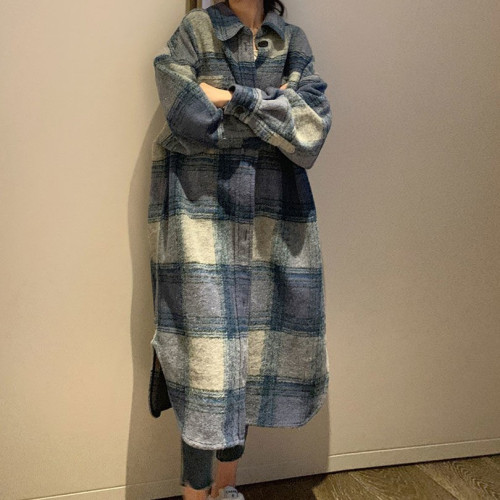 法式小衆秋冬新裝寬松雙口袋格紋磨毛毛呢外套廓形格子長款大衣女