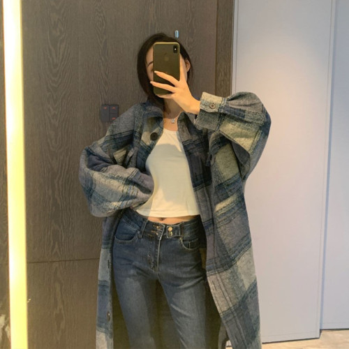 法式小衆秋冬新裝寬松雙口袋格紋磨毛毛呢外套廓形格子長款大衣女