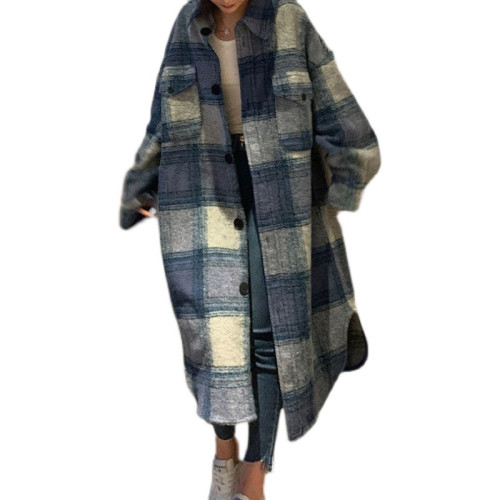 法式小衆秋冬新裝寬松雙口袋格紋磨毛毛呢外套廓形格子長款大衣女