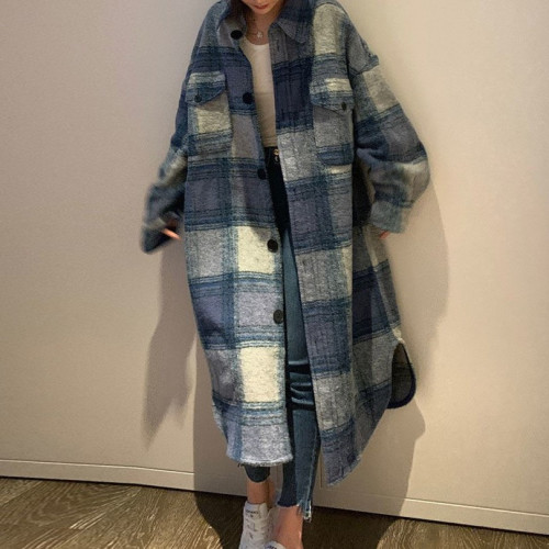 法式小衆秋冬新裝寬松雙口袋格紋磨毛毛呢外套廓形格子長款大衣女