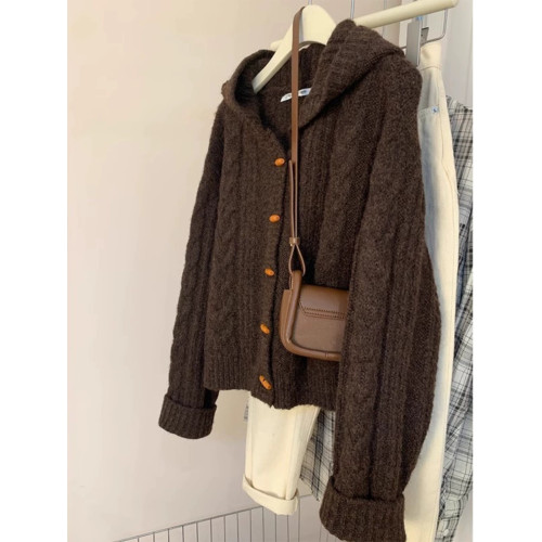 美拉德牛角釦連帽開衫毛衣女秋冬溫柔風麻花針織外套軟糯外穿上衣