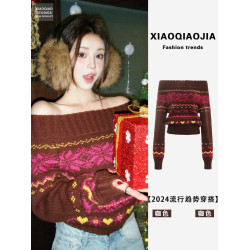 聖誕節穿搭紅色一字肩套頭毛衣女冬季新款別致絕美辣妹露肩短上衣