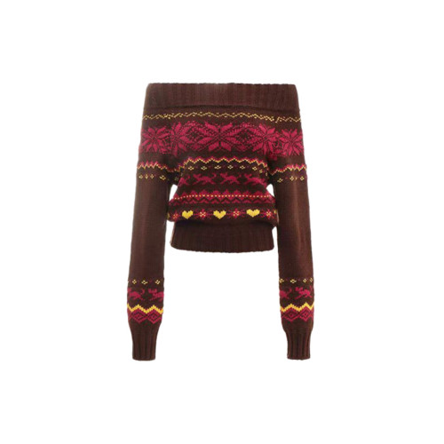 聖誕節穿搭紅色一字肩套頭毛衣女冬季新款別致絕美辣妹露肩短上衣 聖誕節穿搭紅色一字肩套頭毛衣女冬季新款別致絕美辣妹露肩短上衣