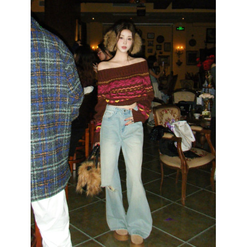 聖誕節穿搭紅色一字肩套頭毛衣女冬季新款別致絕美辣妹露肩短上衣 聖誕節穿搭紅色一字肩套頭毛衣女冬季新款別致絕美辣妹露肩短上衣