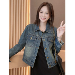 復古正肩牛仔外套女春秋季水洗新款韓版寬松百搭顯瘦短款上衣夾克