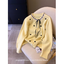 灰色蕾絲邊菱格愛心毛衣女秋冬韓系系帶蝴蝶結針織開衫小香風外套