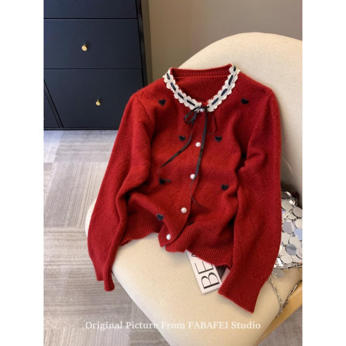 灰色蕾絲邊菱格愛心毛衣女秋冬韓系系帶蝴蝶結針織開衫小香風外套