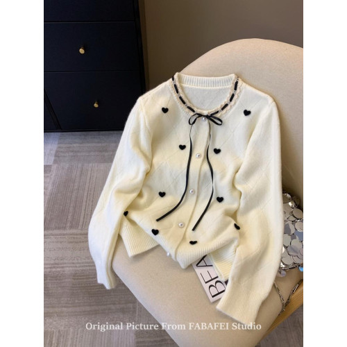 灰色蕾絲邊菱格愛心毛衣女秋冬韓系系帶蝴蝶結針織開衫小香風外套