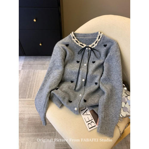 灰色蕾絲邊菱格愛心毛衣女秋冬韓系系帶蝴蝶結針織開衫小香風外套