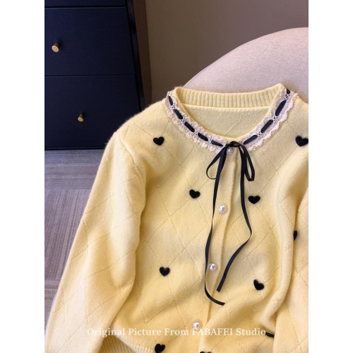 灰色蕾絲邊菱格愛心毛衣女秋冬韓系系帶蝴蝶結針織開衫小香風外套