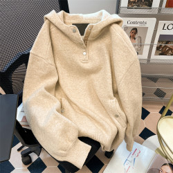 美式卡其色連帽毛衣針織衫衛衣女冬季慵懶風加厚外穿羊毛上衣外套