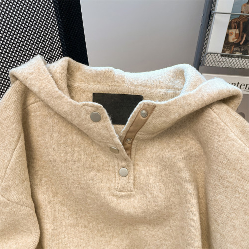 美式卡其色連帽毛衣針織衫衛衣女冬季慵懶風加厚外穿羊毛上衣外套