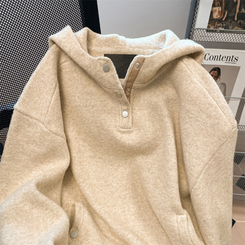 美式卡其色連帽毛衣針織衫衛衣女冬季慵懶風加厚外穿羊毛上衣外套