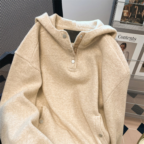 美式卡其色連帽毛衣針織衫衛衣女冬季慵懶風加厚外穿羊毛上衣外套