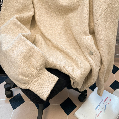 美式卡其色連帽毛衣針織衫衛衣女冬季慵懶風加厚外穿羊毛上衣外套