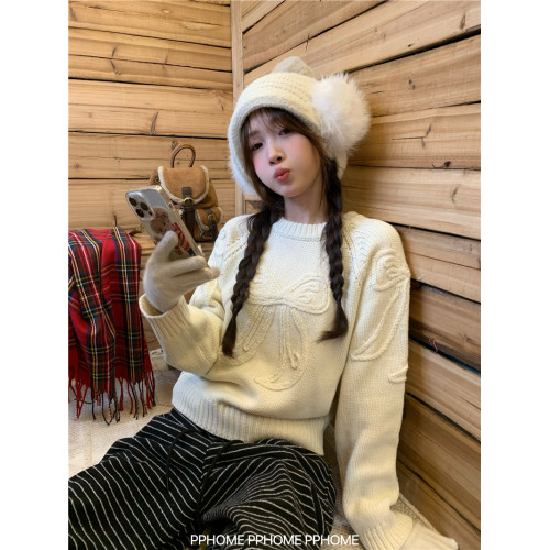 PPHOME自製~手工蝴蝶結毛衣 重工韓系粗針百搭圓領毛衣短款上衣女