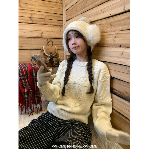 PPHOME自製~手工蝴蝶結毛衣 重工韓系粗針百搭圓領毛衣短款上衣女