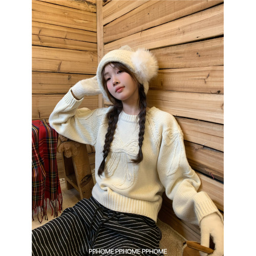 PPHOME自製~手工蝴蝶結毛衣 重工韓系粗針百搭圓領毛衣短款上衣女