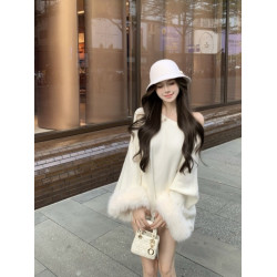 斜領露肩長袖針織衫女早春毛毛拼接寬松富家千金感毛衣慵懶風上衣