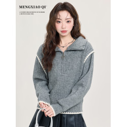 矇小柒半拉鍊灰色高領毛衣女裝秋冬設計感寬松打底針織衫內搭上衣