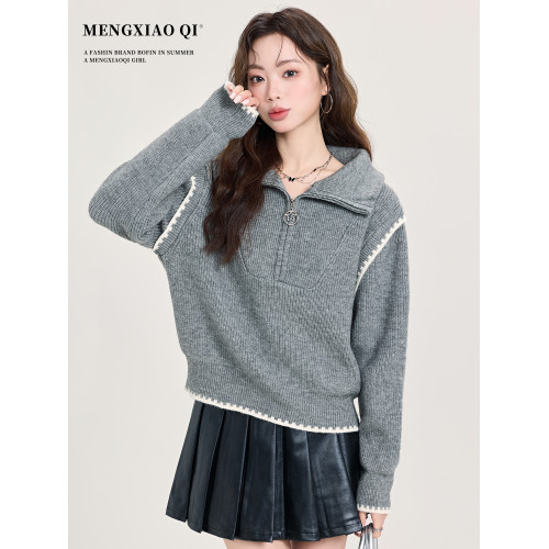 矇小柒半拉鍊灰色高領毛衣女裝秋冬設計感寬松打底針織衫內搭上衣