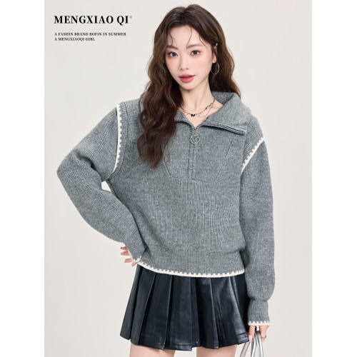 矇小柒半拉鍊灰色高領毛衣女裝秋冬設計感寬松打底針織衫內搭上衣