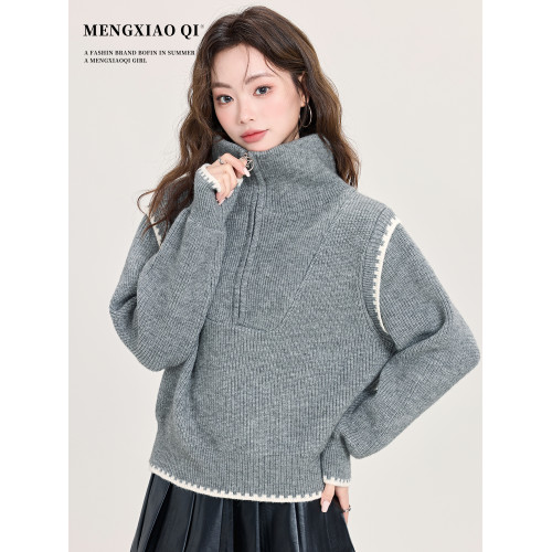 矇小柒半拉鍊灰色高領毛衣女裝秋冬設計感寬松打底針織衫內搭上衣