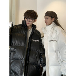 冬季韓式情侶鱷魚紋羽絨服ins潮免洗PU立領皮衣麵包服男棉服外套