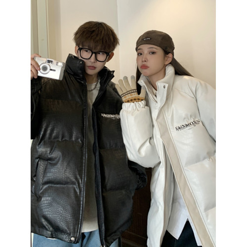 冬季韓式情侶鱷魚紋羽絨服ins潮免洗PU立領皮衣麵包服男棉服外套 冬季韓式情侶鱷魚紋羽絨服ins潮免洗PU立領皮衣麵包服男棉服外套