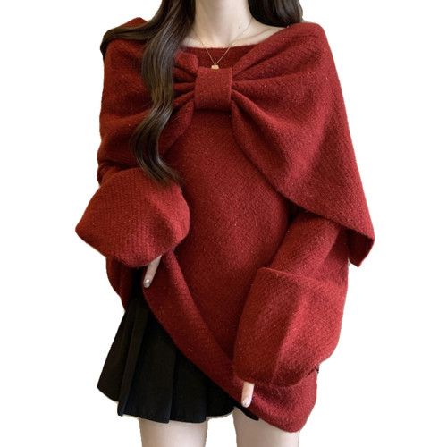 蝴蝶結紅色亮絲針織衫毛衣大碼女裝2025秋季胖mm中長款上衣兩件套 蝴蝶結紅色亮絲針織衫毛衣大碼女裝2025秋季胖mm中長款上衣兩件套