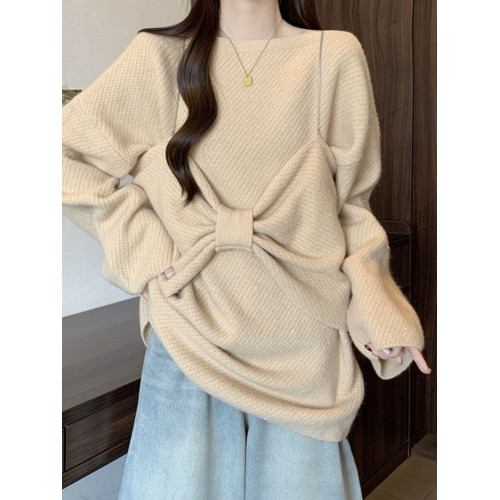 蝴蝶結紅色亮絲針織衫毛衣大碼女裝2025秋季胖mm中長款上衣兩件套 蝴蝶結紅色亮絲針織衫毛衣大碼女裝2025秋季胖mm中長款上衣兩件套