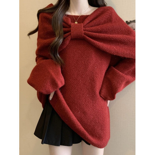 蝴蝶結紅色亮絲針織衫毛衣大碼女裝2025秋季胖mm中長款上衣兩件套 蝴蝶結紅色亮絲針織衫毛衣大碼女裝2025秋季胖mm中長款上衣兩件套