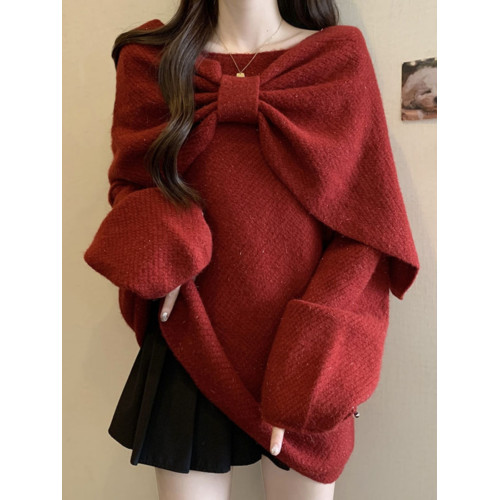 蝴蝶結紅色亮絲針織衫毛衣大碼女裝2025秋季胖mm中長款上衣兩件套 蝴蝶結紅色亮絲針織衫毛衣大碼女裝2025秋季胖mm中長款上衣兩件套