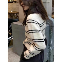 秋冬2025新款軟糯寬松套頭圓領毛衣女內搭外穿條紋撞色針織衫上衣