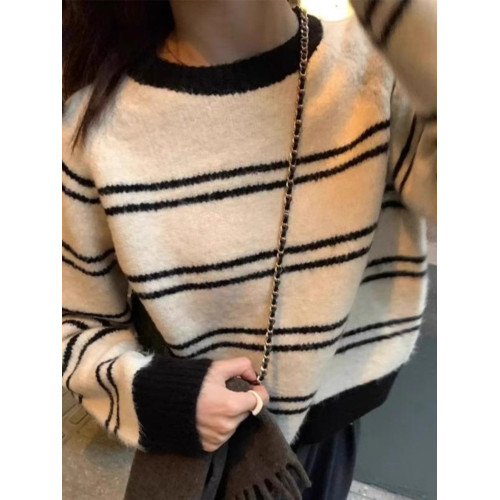 秋冬2025新款軟糯寬松套頭圓領毛衣女內搭外穿條紋撞色針織衫上衣