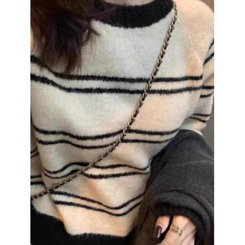 秋冬2025新款軟糯寬松套頭圓領毛衣女內搭外穿條紋撞色針織衫上衣