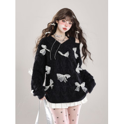 甜美軟糯露肩蝴蝶結v領毛衣女秋冬穿搭設計感慵懶chic甜辣針織衫