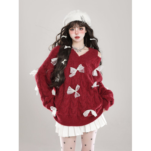 甜美軟糯露肩蝴蝶結v領毛衣女秋冬穿搭設計感慵懶chic甜辣針織衫 甜美軟糯露肩蝴蝶結v領毛衣女秋冬穿搭設計感慵懶chic甜辣針織衫