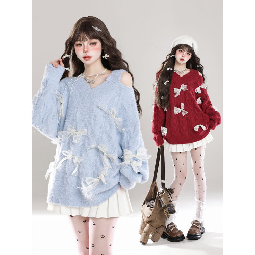 甜美軟糯露肩蝴蝶結v領毛衣女秋冬穿搭設計感慵懶chic甜辣針織衫 甜美軟糯露肩蝴蝶結v領毛衣女秋冬穿搭設計感慵懶chic甜辣針織衫