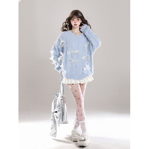 甜美軟糯露肩蝴蝶結v領毛衣女秋冬穿搭設計感慵懶chic甜辣針織衫 甜美軟糯露肩蝴蝶結v領毛衣女秋冬穿搭設計感慵懶chic甜辣針織衫