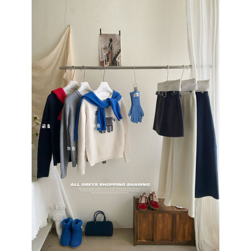 藝術生線條小馬提花手感超好灰色毛衣女秋冬復古套頭外穿針織上衣 藝術生線條小馬提花手感超好灰色毛衣女秋冬復古套頭外穿針織上衣