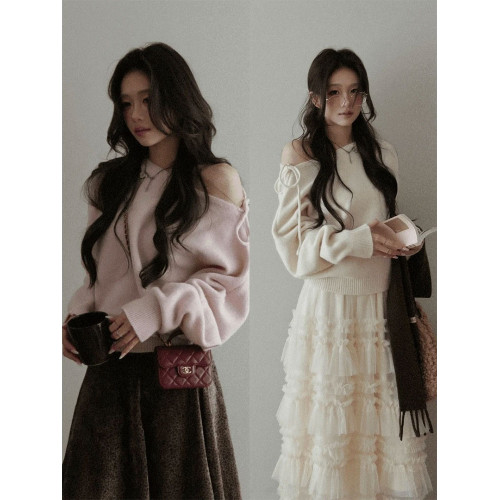 韓系溫柔風斜肩系帶針織衫女秋冬獨特漂亮氛圍感寬松顯瘦長袖上衣