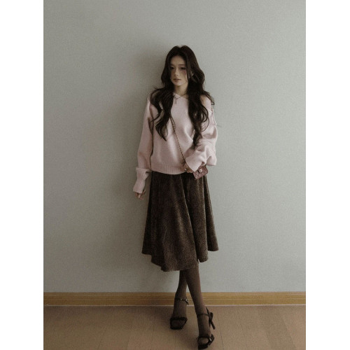 韓系溫柔風斜肩系帶針織衫女秋冬獨特漂亮氛圍感寬松顯瘦長袖上衣