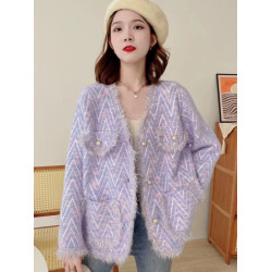 流蘇小香風V領毛呢外套女2025春秋新款韓版針織開衫水貂絨上衣潮