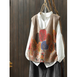 文藝復古印花棉線針織馬甲寬松女秋冬V領曡穿坎肩上衣毛衣背心潮