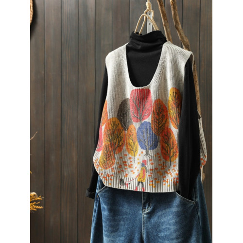 文藝復古印花棉線針織馬甲寬松女秋冬V領曡穿坎肩上衣毛衣背心潮 文藝復古印花棉線針織馬甲寬松女秋冬V領曡穿坎肩上衣毛衣背心潮