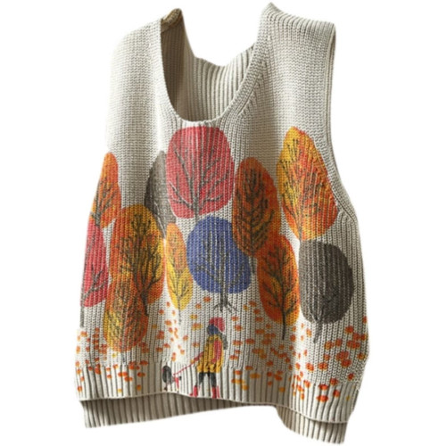 文藝復古印花棉線針織馬甲寬松女秋冬V領曡穿坎肩上衣毛衣背心潮 文藝復古印花棉線針織馬甲寬松女秋冬V領曡穿坎肩上衣毛衣背心潮