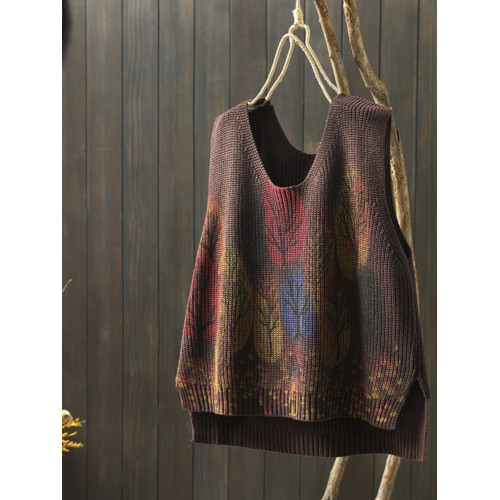 文藝復古印花棉線針織馬甲寬松女秋冬V領曡穿坎肩上衣毛衣背心潮 文藝復古印花棉線針織馬甲寬松女秋冬V領曡穿坎肩上衣毛衣背心潮