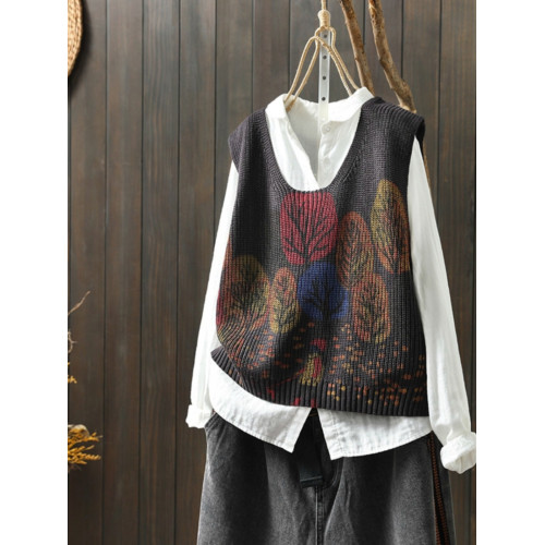 文藝復古印花棉線針織馬甲寬松女秋冬V領曡穿坎肩上衣毛衣背心潮 文藝復古印花棉線針織馬甲寬松女秋冬V領曡穿坎肩上衣毛衣背心潮