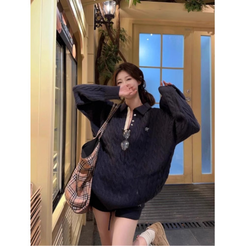 休閒套裝女藏青色翻領麻花針織毛衣秋冬松緊腰包臀短褲辣妹兩件套